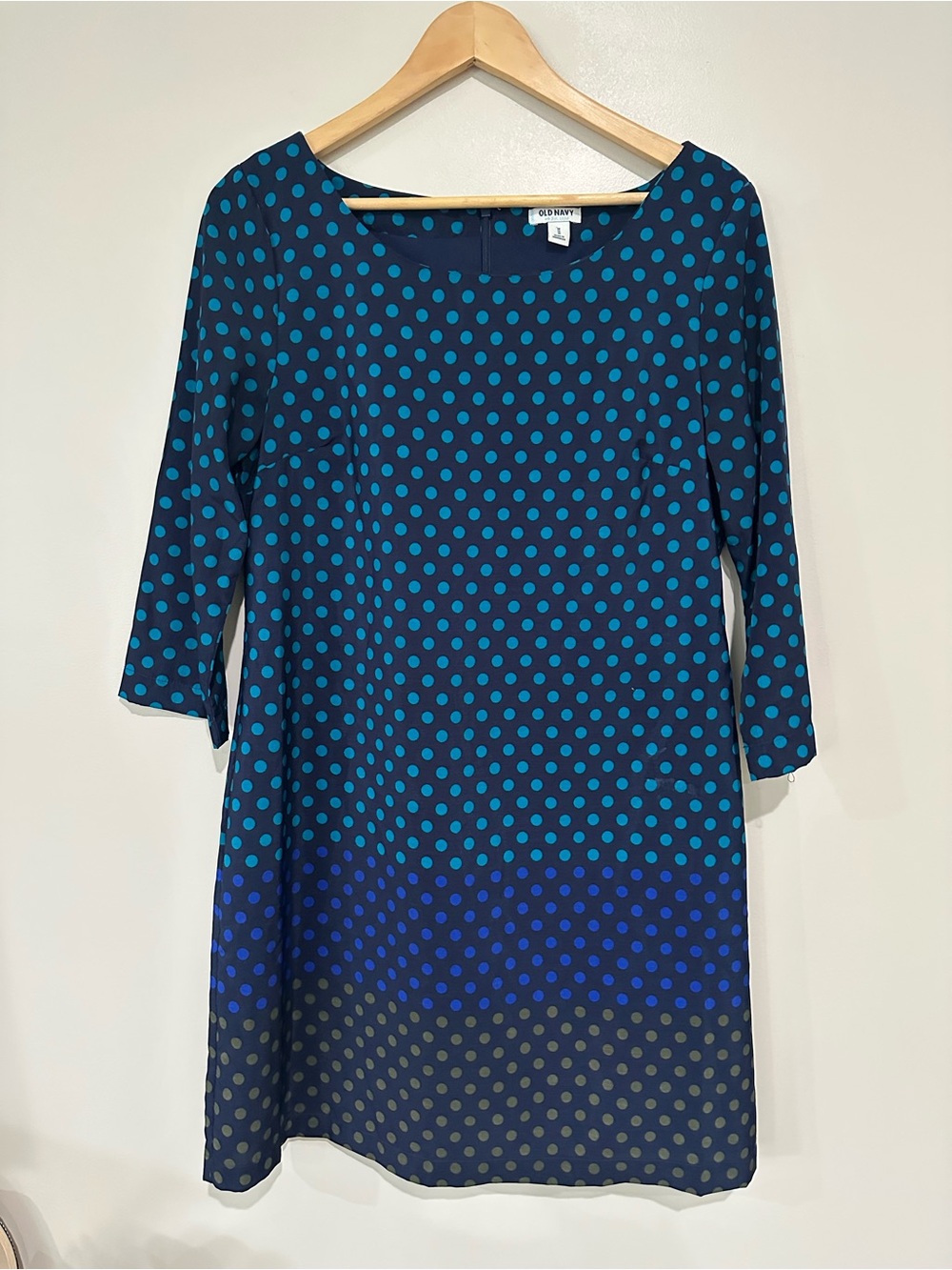 Old Navy Blue Polka Dot Ombre Shift Dress Size M 3/4 Sleeve Retro Mod - Picture 3 of 11